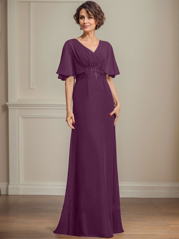 A-Linie V-Ausschnitt Bodenlanges Chiffonkleid für die Brautmutter mit plissierten Paillettenapplikationen Spitze