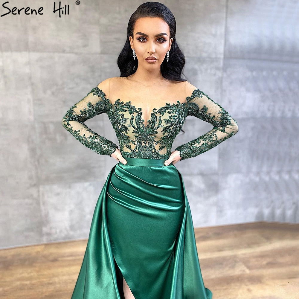 Grün Satin Abnehmbarer Rock Lange Ärmel Sexy Abendkleider 2025 Meerjungfrau Formales Kleid Design LA70343