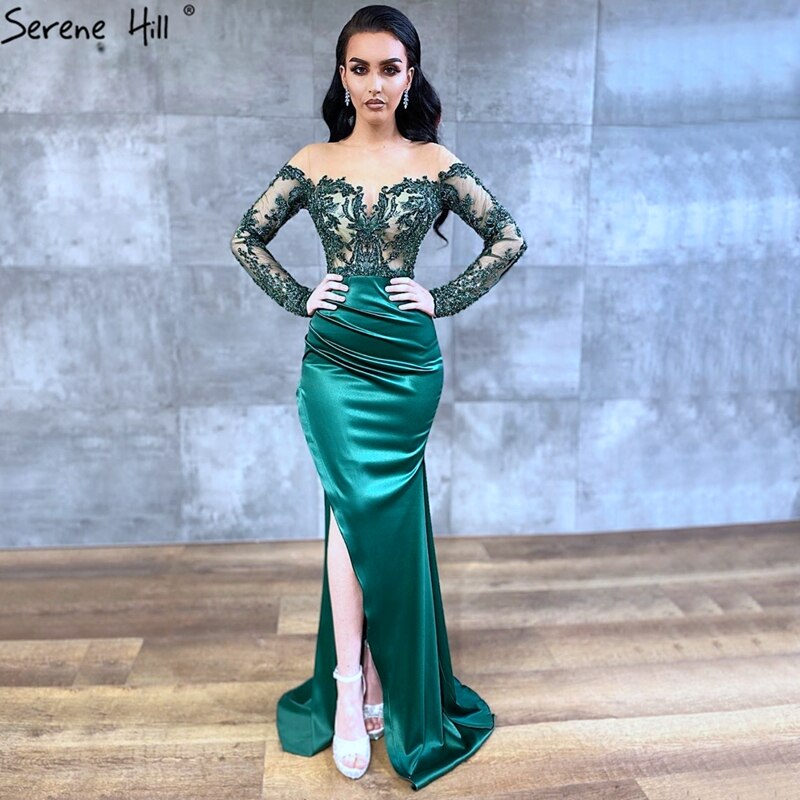 Grün Satin Abnehmbarer Rock Lange Ärmel Sexy Abendkleider 2025 Meerjungfrau Formales Kleid Design LA70343