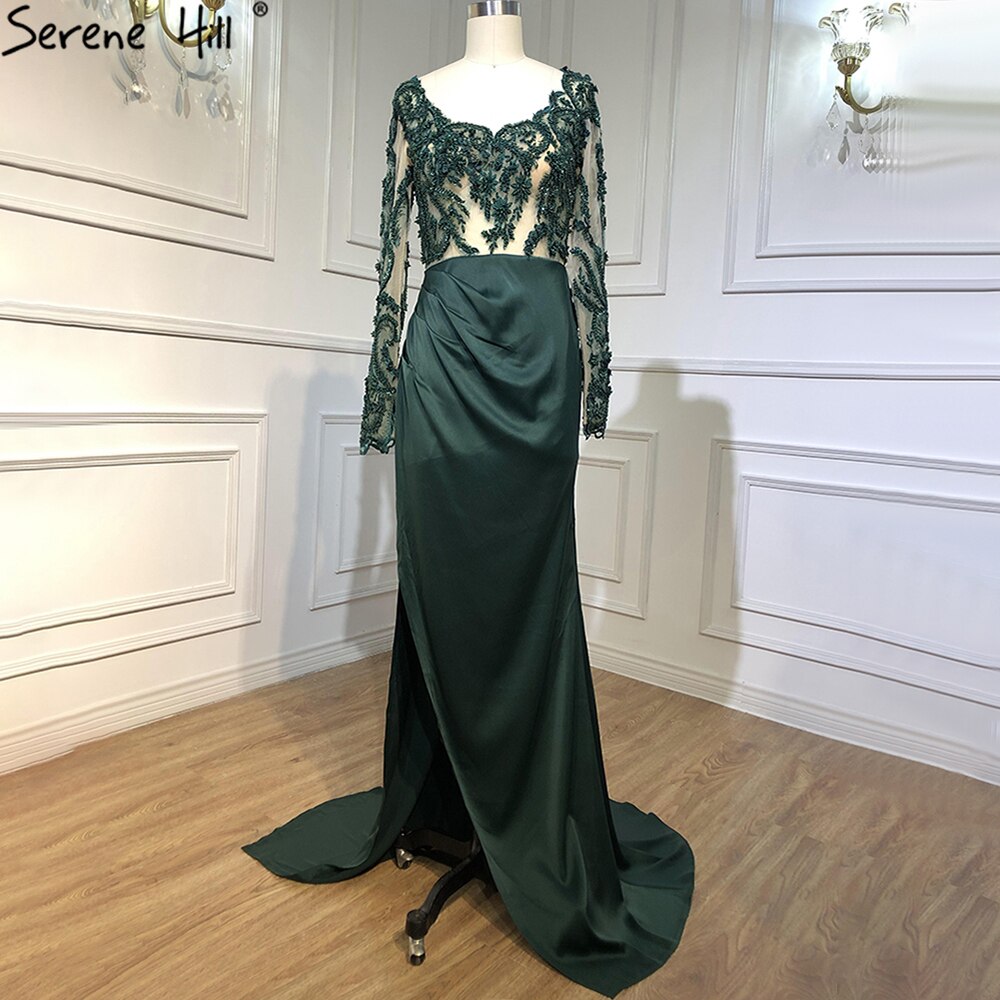Grün Satin Abnehmbarer Rock Lange Ärmel Sexy Abendkleider 2025 Meerjungfrau Formales Kleid Design LA70343