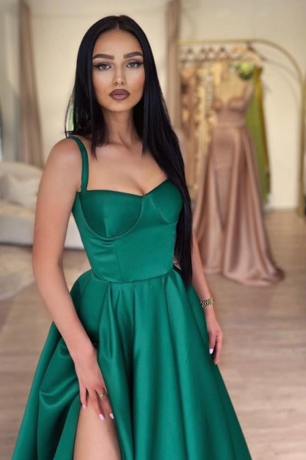 Green Shiny Elastic Satin Front Split Court Train Prom Dress