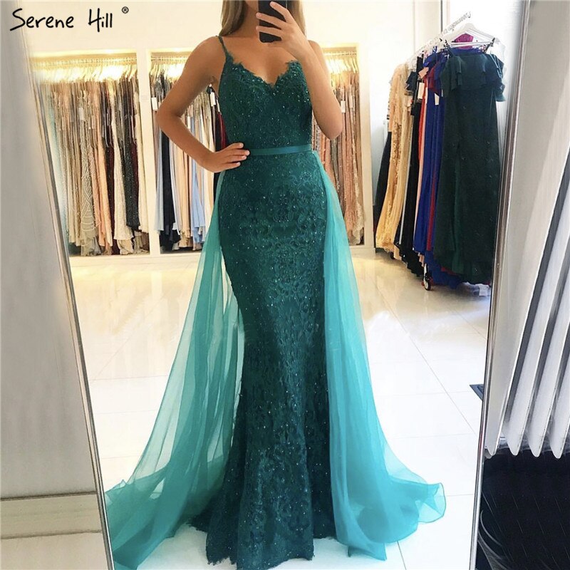 Grüne Sling Spitze Perlen Meerjungfrau Abendkleider 2025 Sexy Ärmelloses V-Ausschnitt Tüll Abendkleid Real Photo LA70064