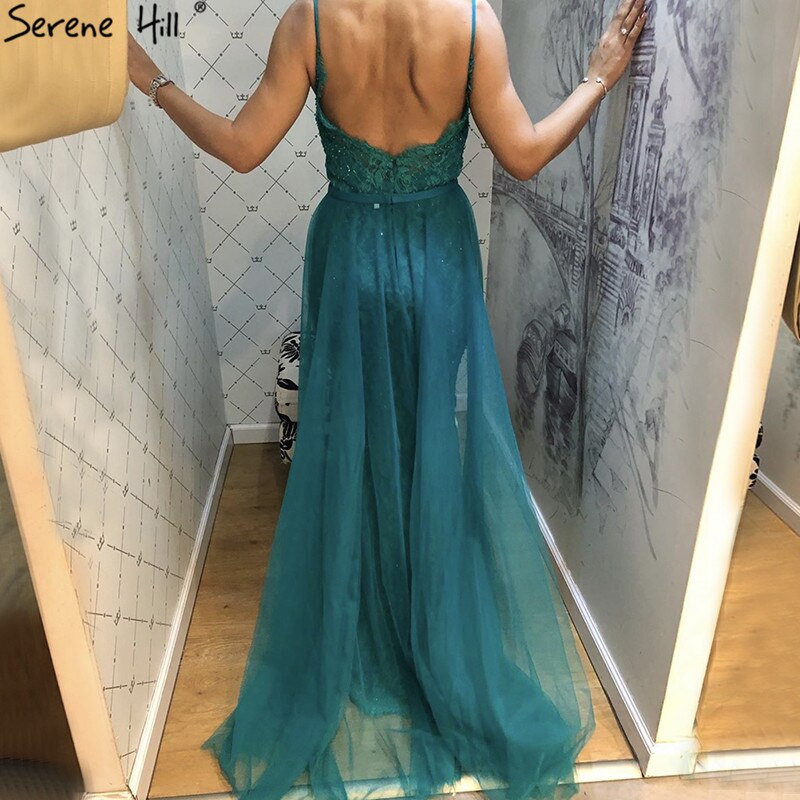 Grüne Sling Spitze Perlen Meerjungfrau Abendkleider 2025 Sexy Ärmelloses V-Ausschnitt Tüll Abendkleid Real Photo LA70064