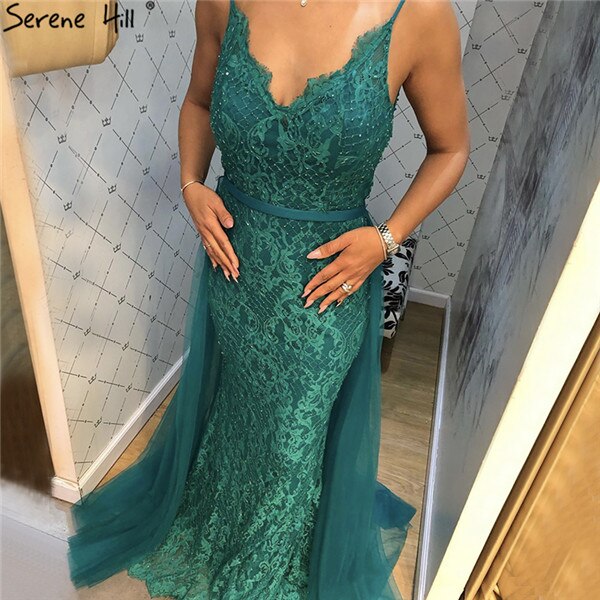 Grüne Sling Spitze Perlen Meerjungfrau Abendkleider 2025 Sexy Ärmelloses V-Ausschnitt Tüll Abendkleid Real Photo LA70064