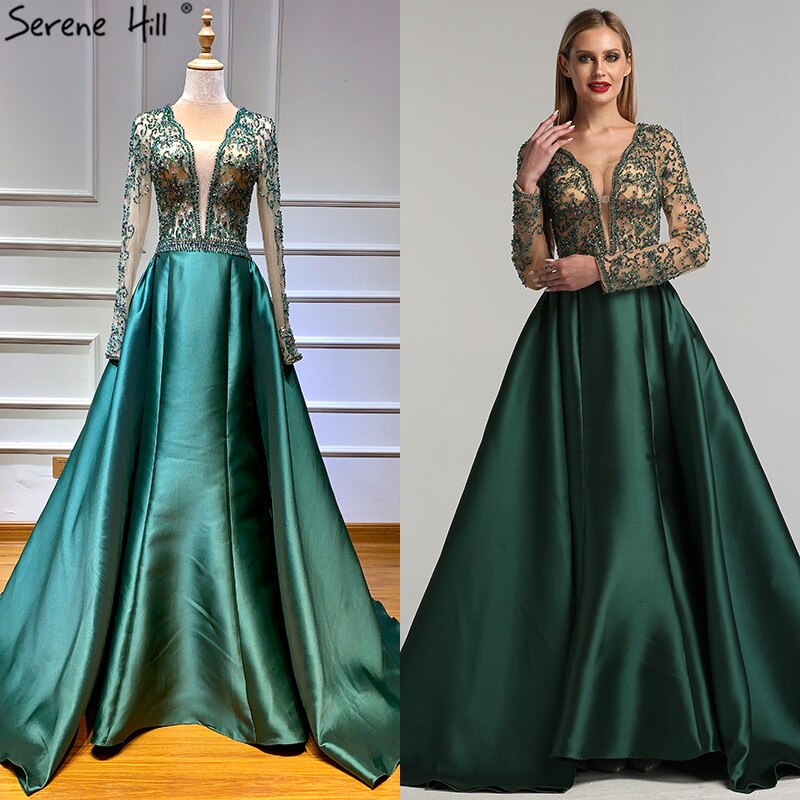 En oferta, sin devolución ni reembolso, vestidos largos de noche de satén verde con escote en V, mangas largas y cuentas de perlas, vestidos de noche 2025 LA6312