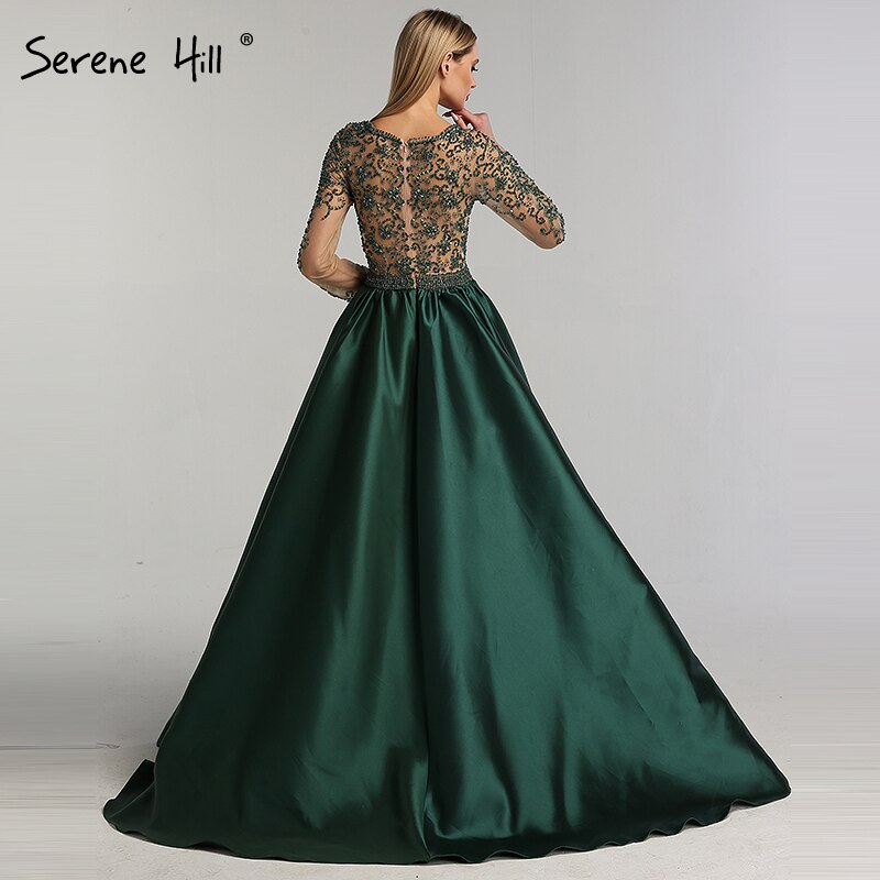 En oferta, sin devolución ni reembolso, vestidos largos de noche de satén verde con escote en V, mangas largas y cuentas de perlas, vestidos de noche 2025 LA6312