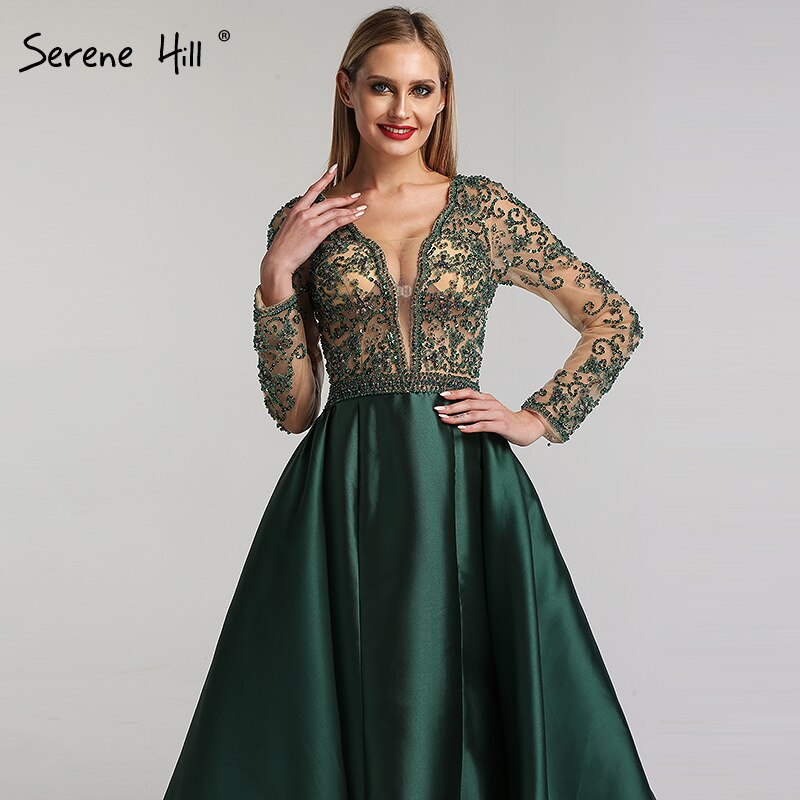 En oferta, sin devolución ni reembolso, vestidos largos de noche de satén verde con escote en V, mangas largas y cuentas de perlas, vestidos de noche 2025 LA6312