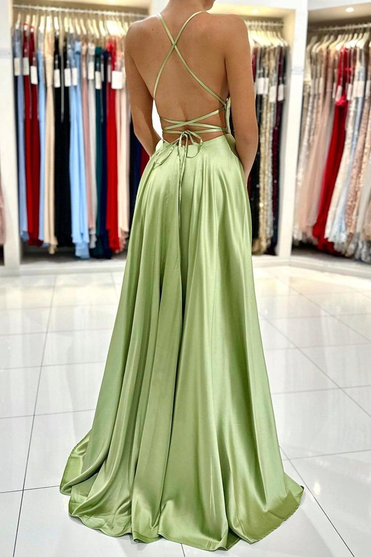 Green Satin Simple A Line Backless Long Prom Dresses with Leg Slit PSK381