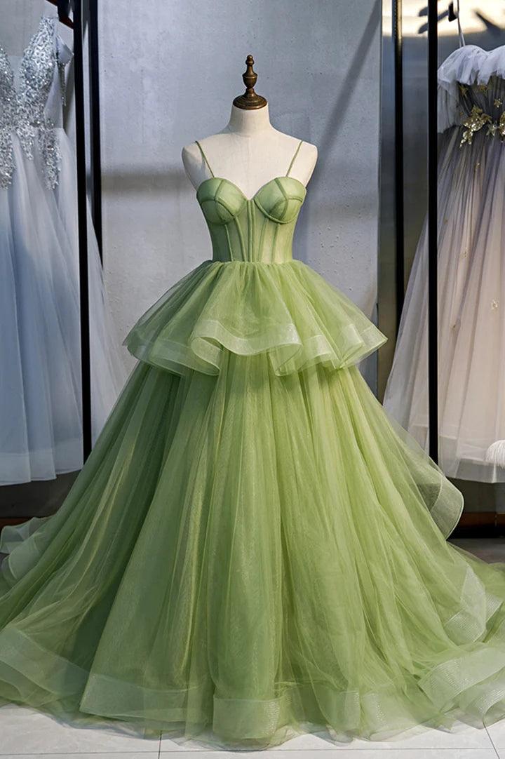 Green Tulle Long Prom Dresses A-Line Evening Dresses with Train PSK418