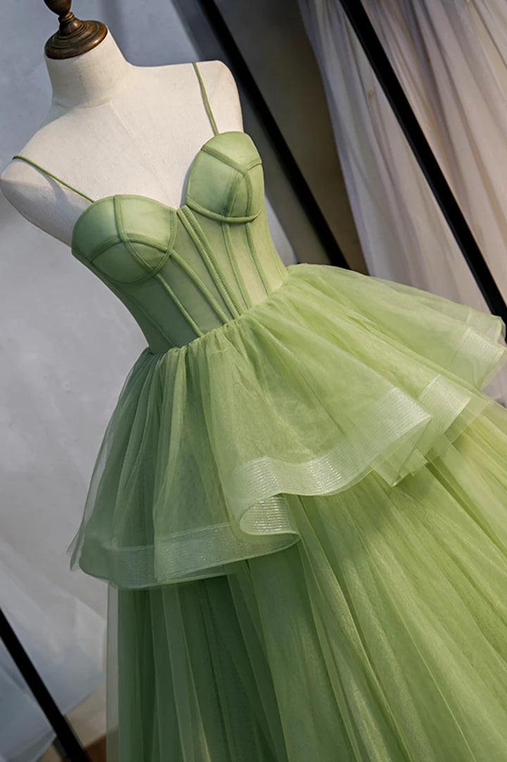 Green Tulle Long Prom Dresses A-Line Evening Dresses with Train PSK418