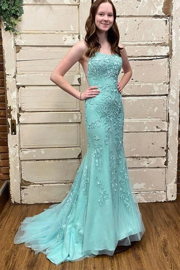 Green Tulle Mermaid Scoop Neck Lace Up Prom Dresses Evening Dresses