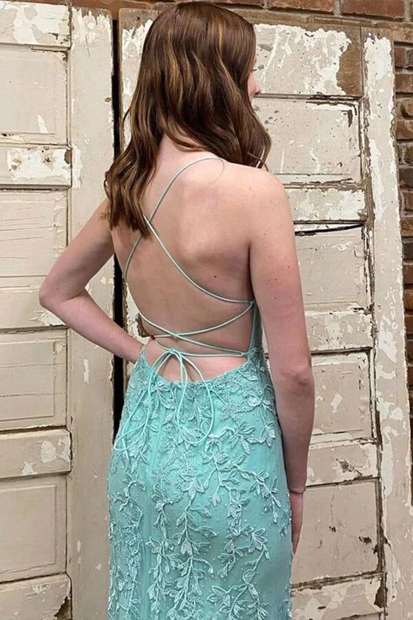 Green Tulle Mermaid Scoop Neck Lace Up Prom Dresses Evening Dresses