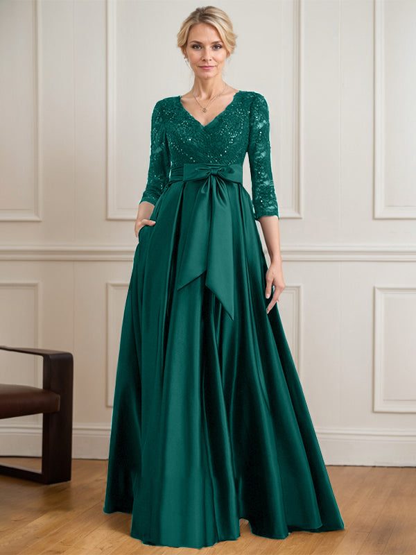 A-Linie V-Ausschnitt Bodenlanges Satin-Spitzenkleid für die Brautmutter mit Paillettenschleife