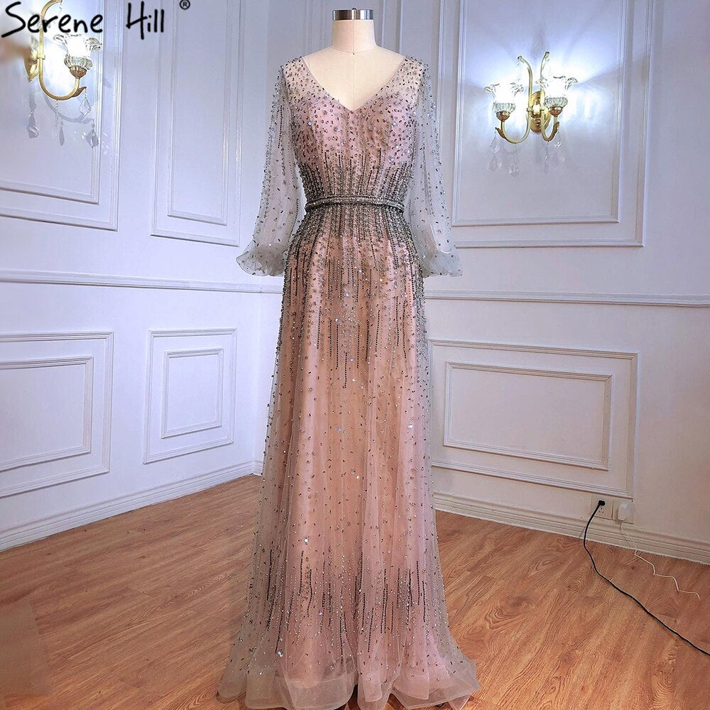 Grau A-Linie Luxus Sparkle Dubai Abendkleider 2025 Perlen Lange Ärmel Sexy Abendkleid LA70642
