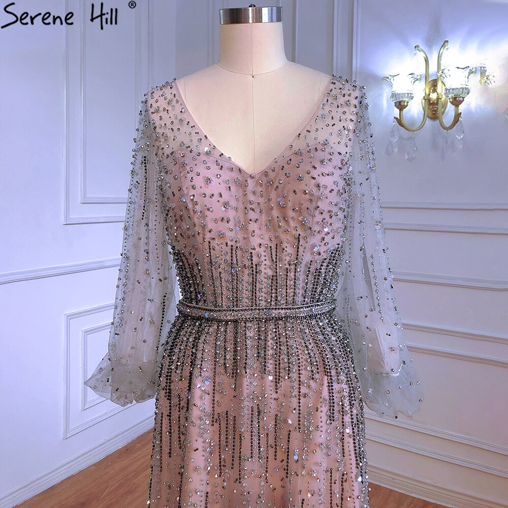 Grau A-Linie Luxus Sparkle Dubai Abendkleider 2025 Perlen Lange Ärmel Sexy Abendkleid LA70642