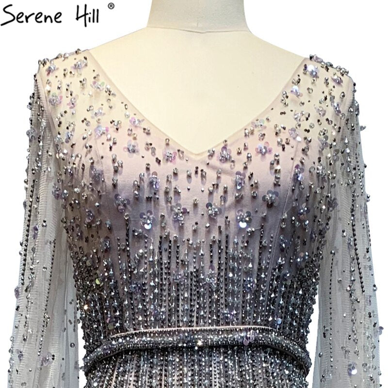 Grau A-Linie Luxus Sparkle Dubai Abendkleider 2025 Perlen Lange Ärmel Sexy Abendkleid LA70642