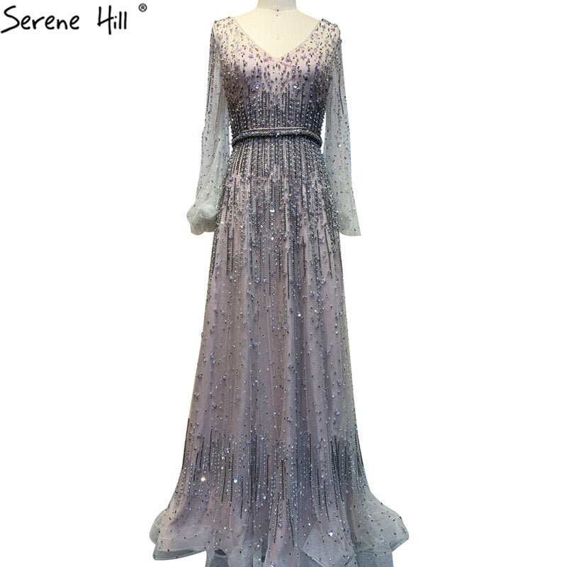 Grau A-Linie Luxus Sparkle Dubai Abendkleider 2025 Perlen Lange Ärmel Sexy Abendkleid LA70642