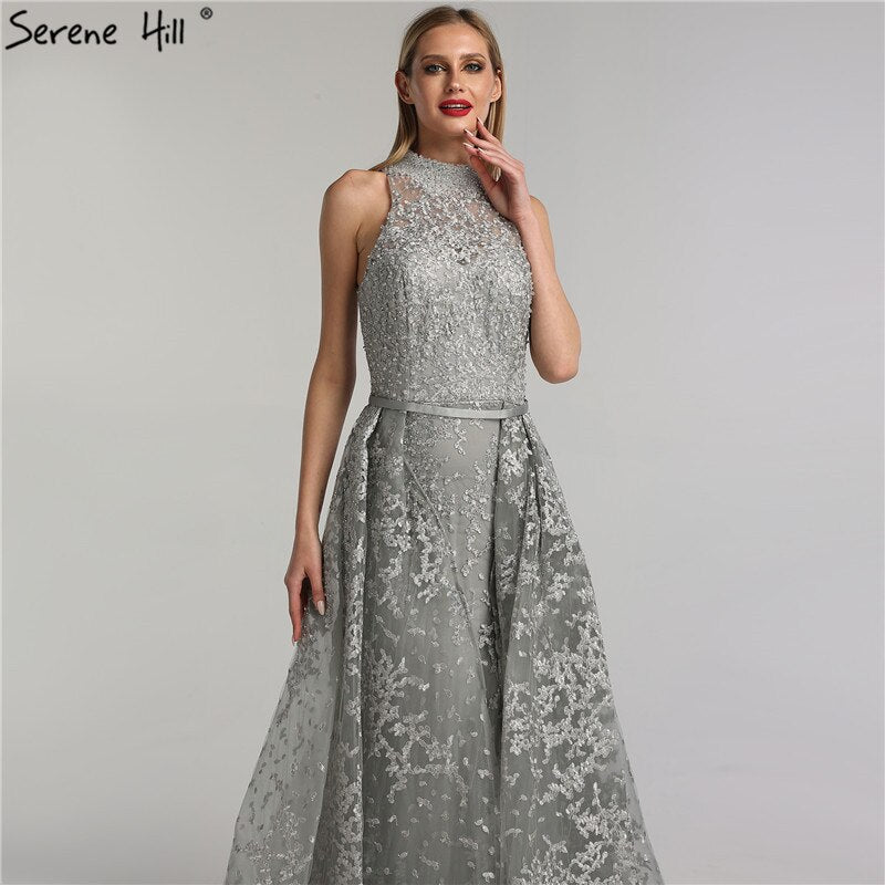 Grau Dubai Design Ärmellose Sexy Abendkleider 2025 Stickerei Diamanten Meerjungfrau Formale Kleid Real Photo LA70014