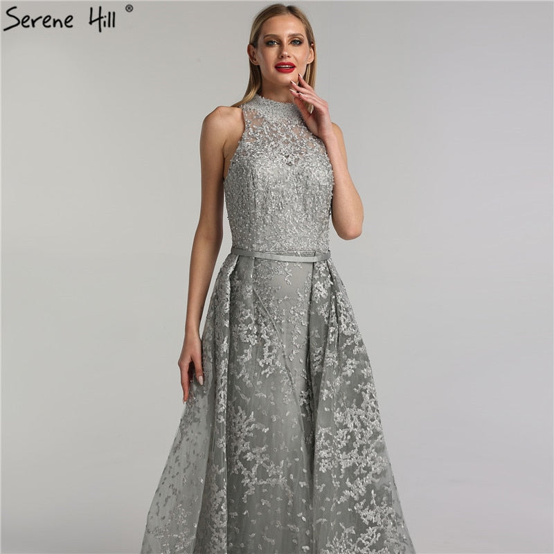Grau Dubai Design Ärmellose Sexy Abendkleider 2025 Stickerei Diamanten Meerjungfrau Formale Kleid Real Photo LA70014