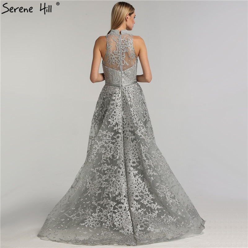 Grau Dubai Design Ärmellose Sexy Abendkleider 2025 Stickerei Diamanten Meerjungfrau Formale Kleid Real Photo LA70014