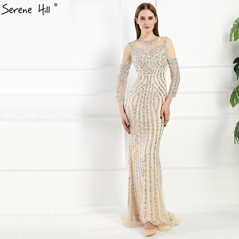Grau Luxus Lange Ärmel Sparkly Abendkleider Meerjungfrau Sexy Diamant Perlen Formale Kleid 2025 Real Photo LA6591