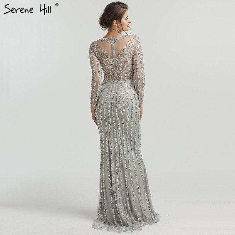 Grau Luxus Lange Ärmel Sparkly Abendkleider Meerjungfrau Sexy Diamant Perlen Formale Kleid 2025 Real Photo LA6591