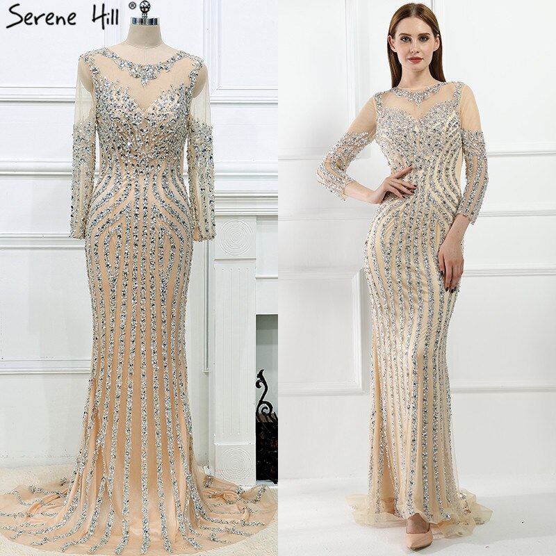 Grau Luxus Lange Ärmel Sparkly Abendkleider Meerjungfrau Sexy Diamant Perlen Formale Kleid 2025 Real Photo LA6591