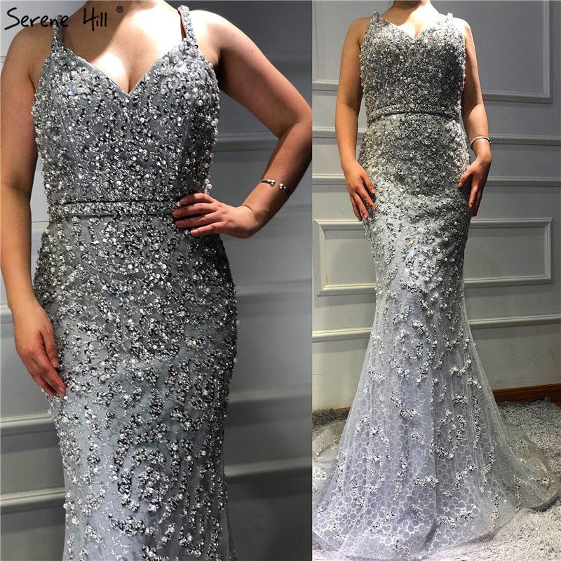 Grau Luxus Sexy Meerjungfrau Abendkleider 2025 Diamant Perlen Off Schulter Formale Kleid Real Photo LA60729