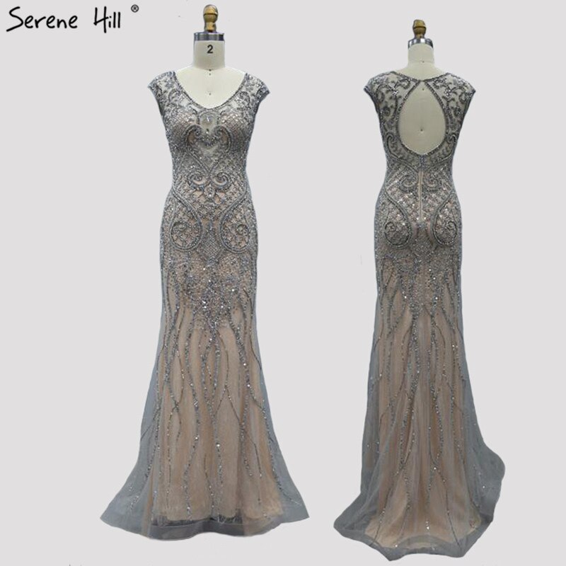 Grau Luxus V-Ausschnitt Meerjungfrau Abendkleider Design 2025 Dubai Voller Diamant Sexy Abendkleid LA70063