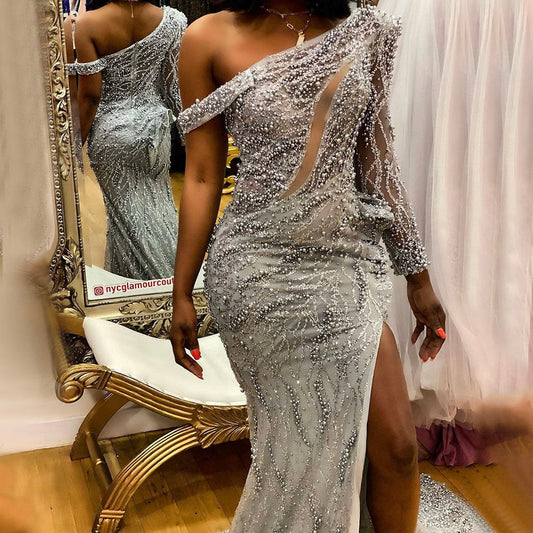En oferta, sin devolución ni reembolso, vestido de noche gris de lujo con un solo hombro, vestido de sirena con cuentas 2025, elegante para mujer, fiesta LA71622