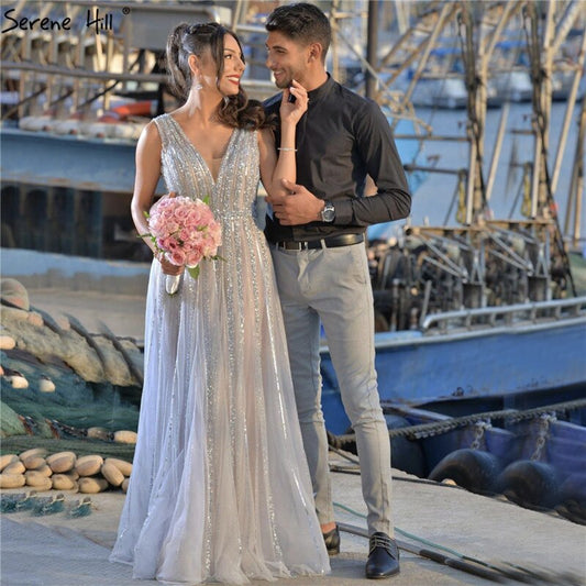 Verkauf Grau Pailletten Perlen V-ausschnitt Sexy Abendkleider 2025 Dubai Sleeveless A-linie Formale Kleid LA70340