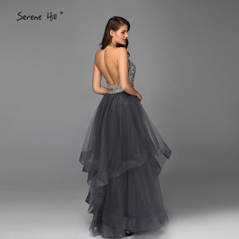 Sale Grey Sleeveless Sexy A-Line Evening Dresses Design 2025 Backless Beading Crystal Evening Gowns Real Photo LA70144
