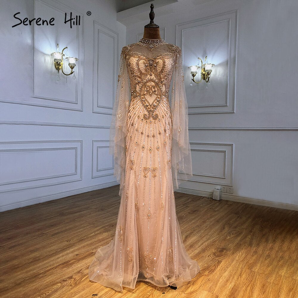 Luxury Grey Nude Cape Sleeves Evening Dresses Gowns 2025 Beaded Mermaid Elegant Sexy For Woman Party LA71187
