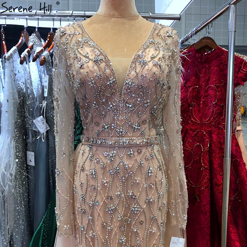 Vestido de noche de lujo en gris con cola desmontable de Dubái 2025, largo, sirena, con diamantes y cuentas, vestido formal LA70341