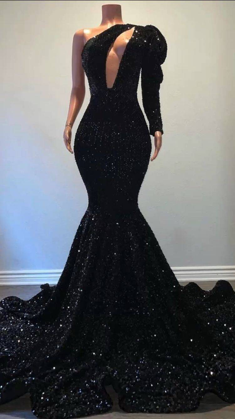 Schwarzes langes Ballkleid mit Pailletten und Puffärmeln im Meerjungfrauen-Stil, Y15