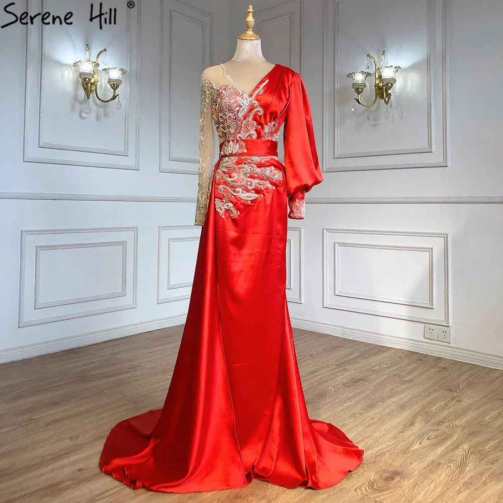 Vestidos de noche de satén verde sirena 2025, musulmanes, elegantes, con cuentas, de lujo, para mujer, fiesta, LA71370