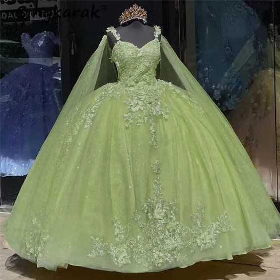 Vestidos de quinceañera verdes con capa de flores 3D, vestido de fiesta para quinceañeras Y6065