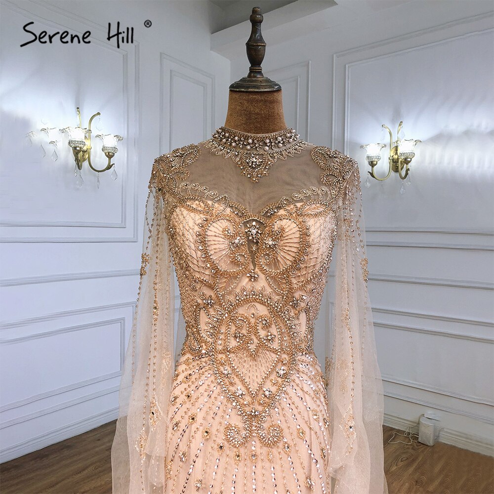 Luxury Grey Nude Cape Sleeves Evening Dresses Gowns 2025 Beaded Mermaid Elegant Sexy For Woman Party LA71187