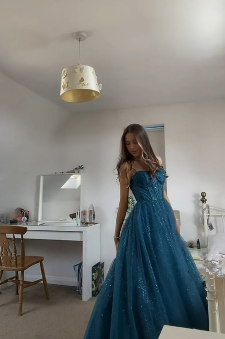 A-Linie Spaghettiträger Glitzer Tüll Ballkleid Schickes Abendkleid Y406