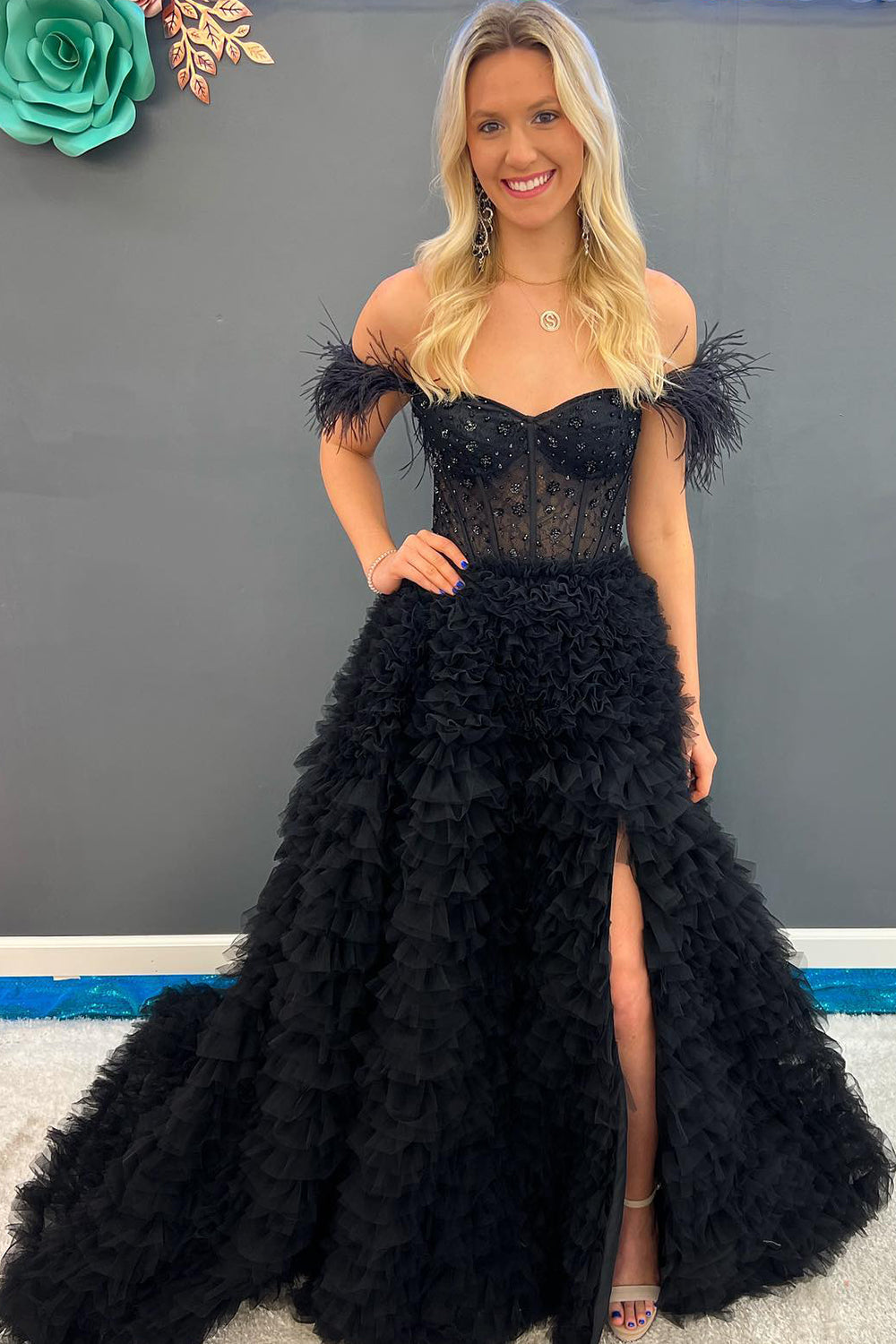 A Line Sweetheart Tiered Tulle Long Prom Dress With Slit