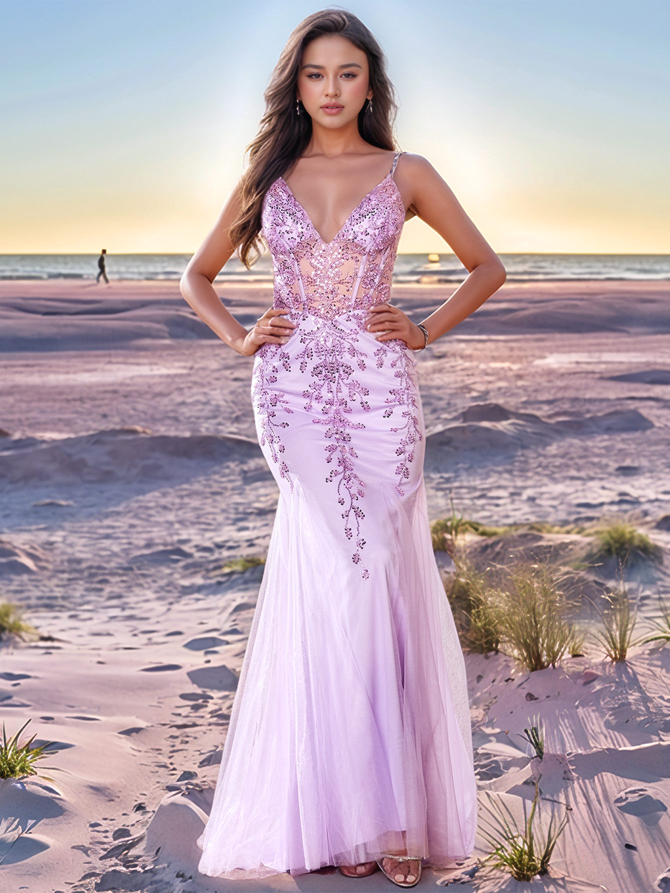 Illusion Bodice Luxury Beaded Dubai Mermaid Long Evening Dress