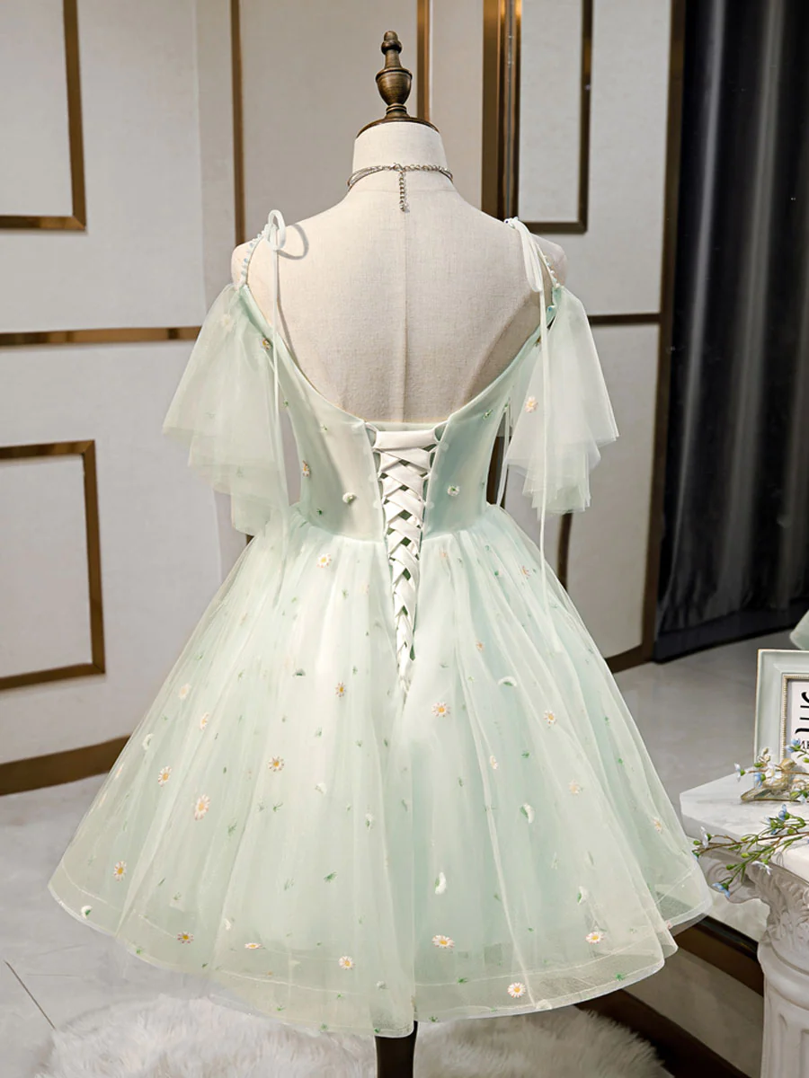 Vestidos cortos de tul con escote corazón, sencillos y abullonados, color verde, para el regreso a casa Y2409