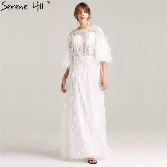 En oferta, sin devolución ni reembolso. Oferta, vestidos de noche de media manga con borlas de plumas de ensueño 2025, vestidos de noche formales sexys de moda con perlas blancas LA6225