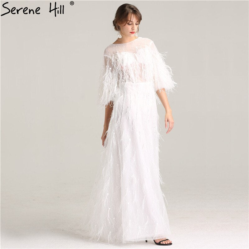 En oferta, sin devolución ni reembolso. Oferta, vestidos de noche de media manga con borlas de plumas de ensueño 2025, vestidos de noche formales sexys de moda con perlas blancas LA6225