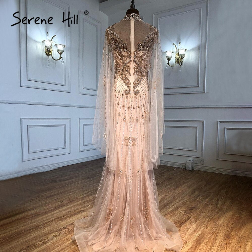 Luxury Grey Nude Cape Sleeves Evening Dresses Gowns 2025 Beaded Mermaid Elegant Sexy For Woman Party LA71187