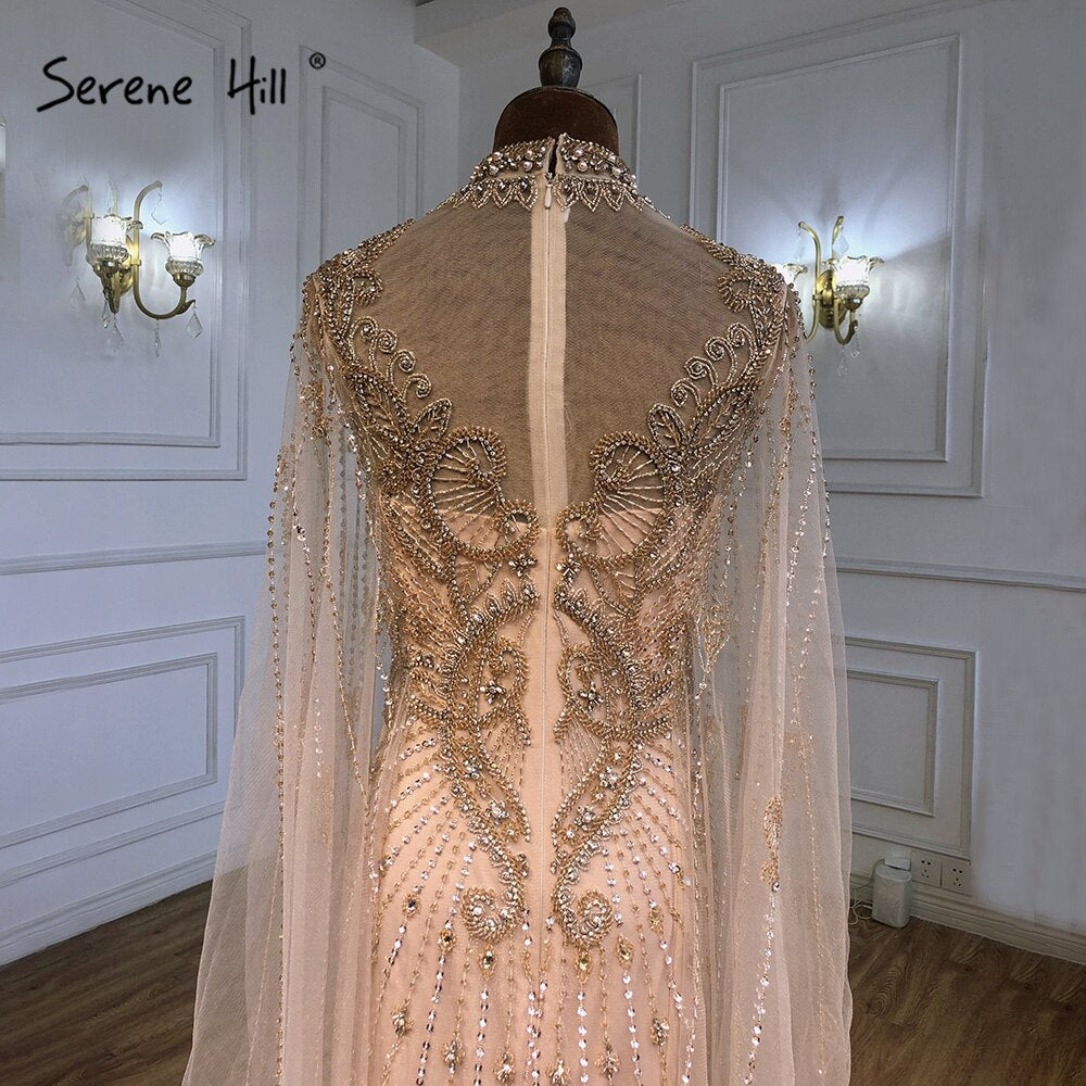 Luxury Grey Nude Cape Sleeves Evening Dresses Gowns 2025 Beaded Mermaid Elegant Sexy For Woman Party LA71187