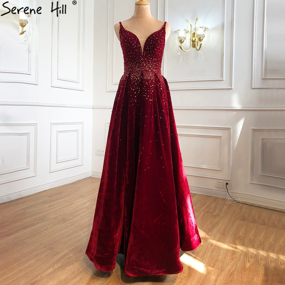 On Sale no return no refundSale Wine Red Velvet Luxury Evening Dresses Gowns 2025 A-Line Beading Sexy For Women Party LA70956