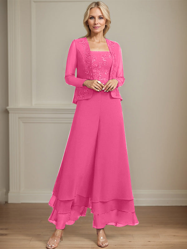 Separates Jumpsuit/Hosenanzug Quadratisches Knöchellanges Spitzenchiffonkleid für die Brautmutter mit Pailletten