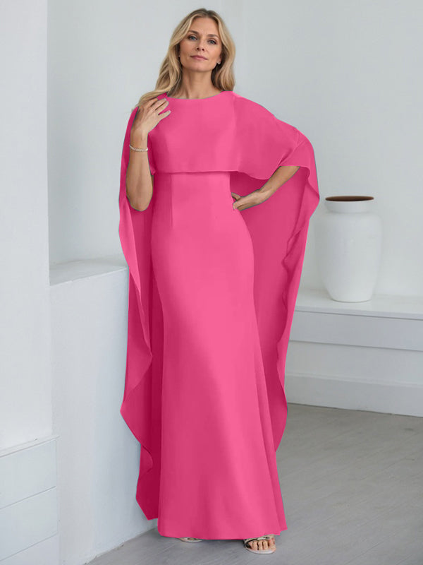 Bodenlanges Etui-Kleid aus Chiffon mit U-Ausschnitt und kaskadierenden Rüschen
