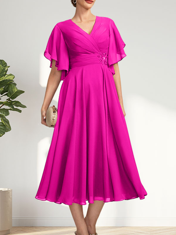 A-line V-Neck Tea-Length Chiffon Mother of the Bride Dress With Pleated Beading